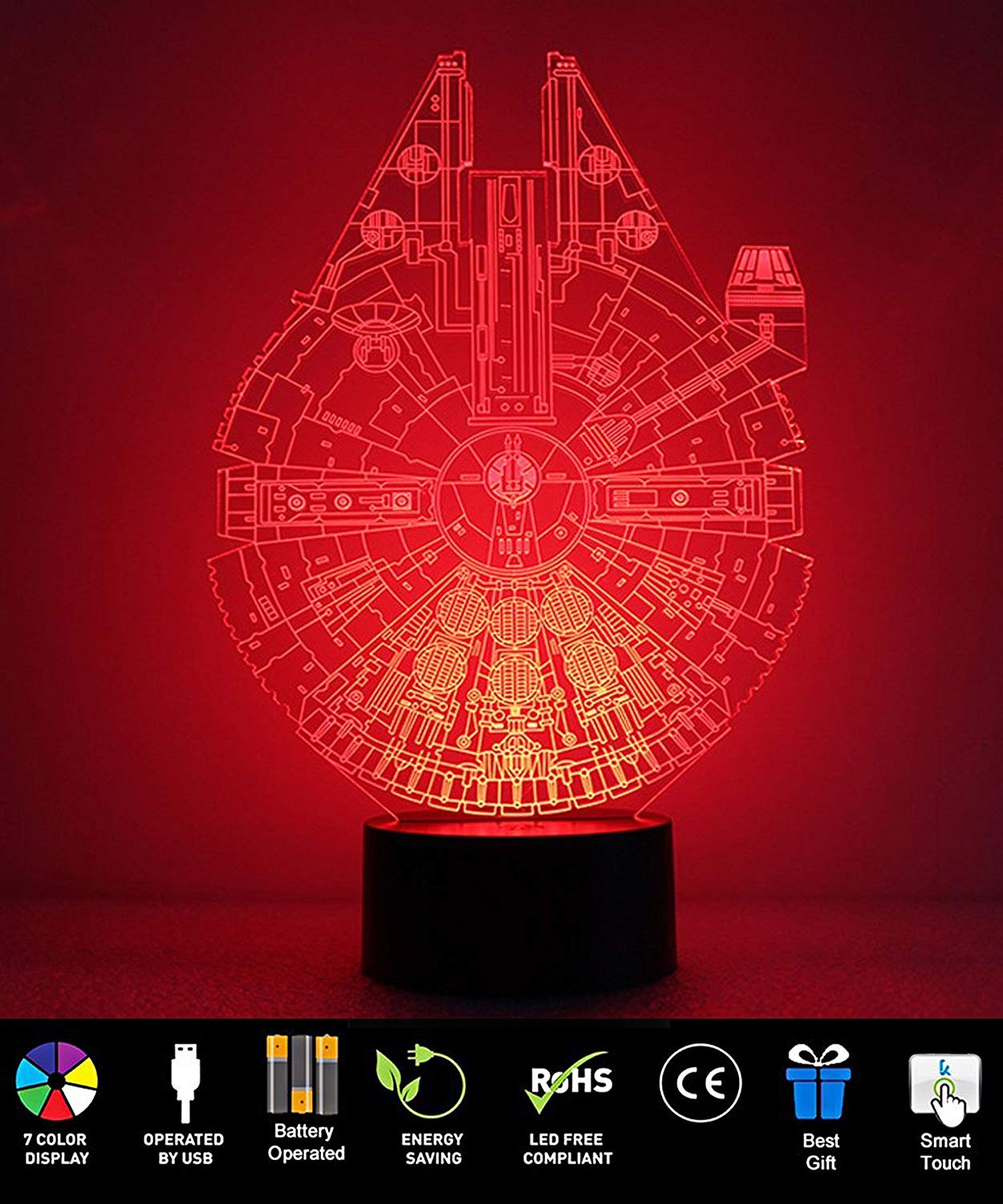 50%OFF Millennium Falcon Night Light 3D Illusion 7 Color Multicolored Changing w USB Powered Table Desk Lamp for Children Bedroom, Home Decor $6.49