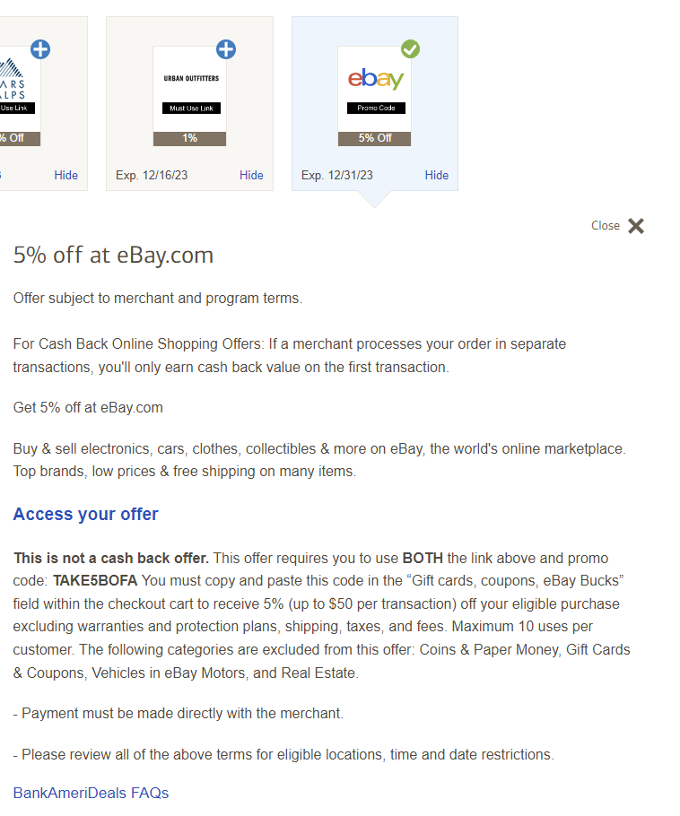 Bank of America credit card holders: 5% off at eBay ($50 Max). multiple uses allowed. YMMV