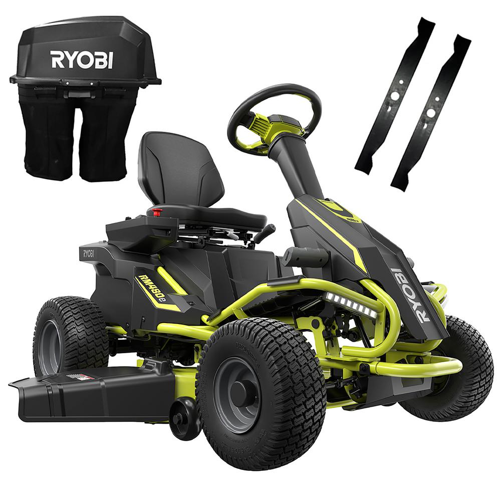 Ryobi 38 in. 75 Ah Battery Electric Rear Engine Riding Lawn Mower and Bagging Kit for 2599 $2599