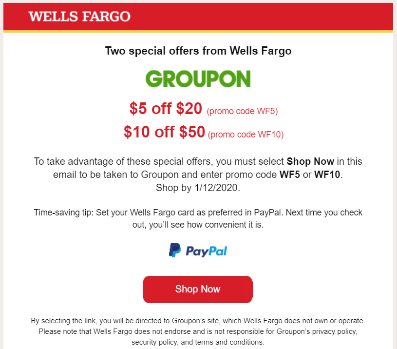 Groupon: $5 off $20, $10 off $50