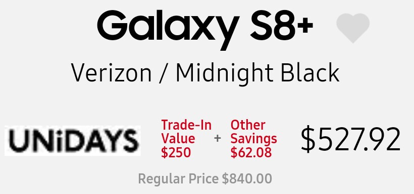 Verizon Samsung Galaxy S8+ $527.92+ tax at Samsung.com with $250 trade-in and UNiDAYS