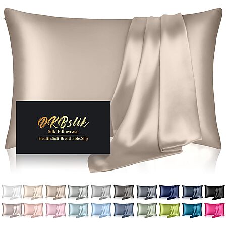 Silk Pillowcase for Hair and Skin, Mulberry Silk Pillow Cases Standard Size, Anti Acne Cooling Sleep Both Sides Natural Silk Satin Pillow Covers with Hidden Zipper, Champagne $8.99