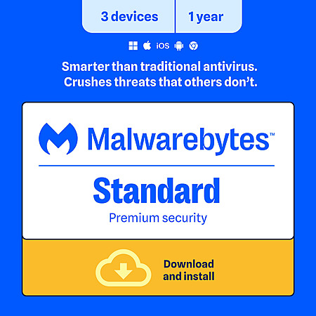 1-Year Malwarebytes Standard (Premium Security, 3-Devices/Digital Download) $10 & More
