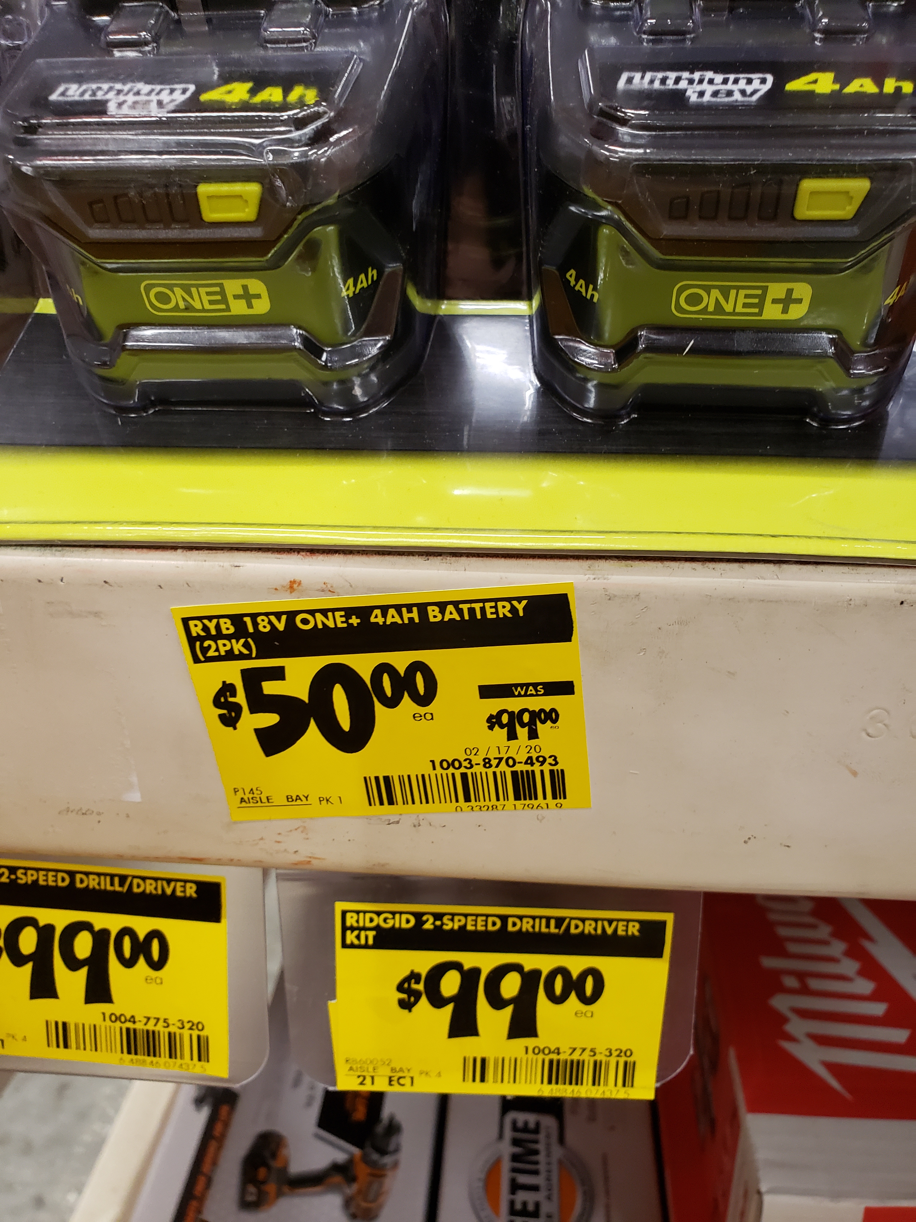 YMMV Clearance 2pk ryobi 4 AH li-ion batteries $50 P145