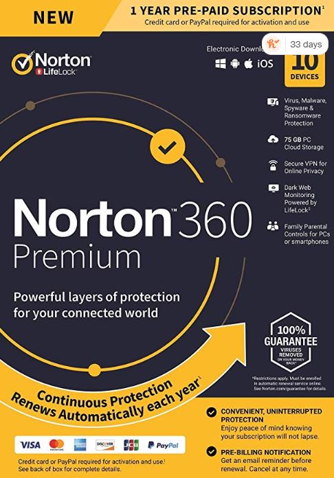 NEW Norton 360 Premium – Antivirus software for 10 Devices with Auto Renewal - Includes VPN, PC Cloud Backup and Dark Web Monitoring - 2020 Ready [Key card] $27.99