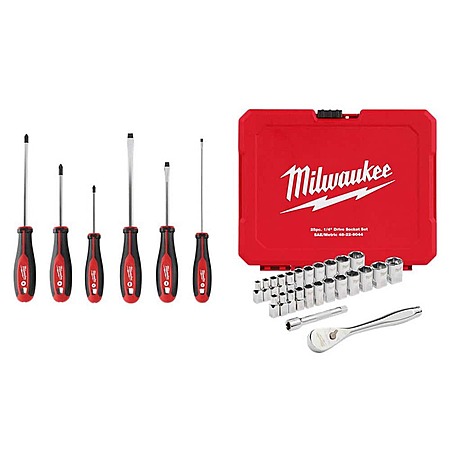 Milwaukee Phillips/Slotted Hex Drive Screwdriver Set with 1/4 in. Drive SAE/Metric Ratchet/Socket Mechanics Tool Set $69.97