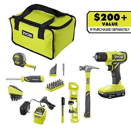 RYOBI ONE+ 18V Cordless 3/8 in. Drill Kit with 1.5 Ah Battery, Charger, and 53 Accessories  $79.00