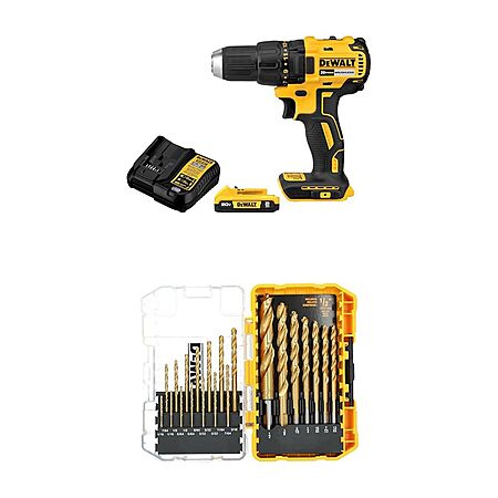 DEWALT Power Drill Driver Set, Brushless, 20V Max Battery and Charger with 21 Pc. Assorted Titanium Nitride Coated Pilot Point Twist Drill Bit Set 1/16 to 1/2 inch $116.08