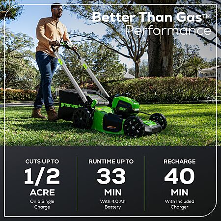 Greenworks 80V 21" Self-Propelled Cordless Lawn Mower – Brushless Motor, LED Lights, 4.0Ah Battery & Rapid Charger (75+ Compatible Tools) $479.99