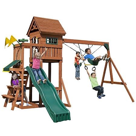 Swing-N-Slide PB- 8331 Playful Palace Swing Set with Slide, Swings, Wood Roof, Picnic Table & Climbing Wall, Wood, Green $910.73