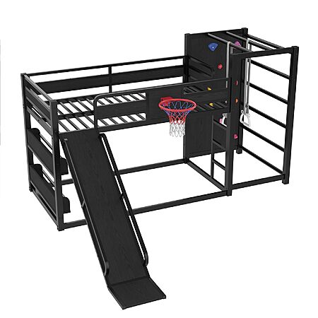 Bellemave Twin Size Bunk Bed with Basketball Hoop, Pull-up Rings and Climbing Wall, Twin Bunk Bed with Slide and Bookcase, Heavy Duty Bunk Beds with Guardrail, Black $340.91