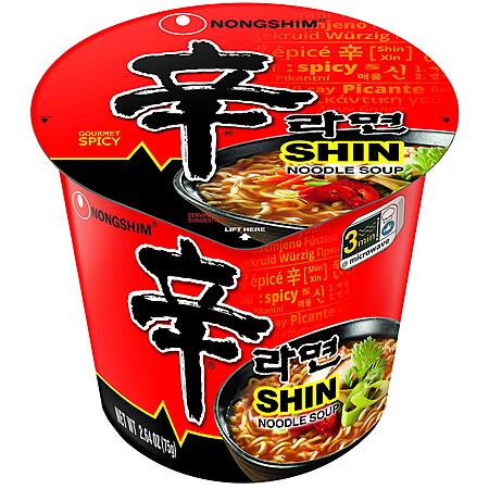 6-Pack 2.64-Oz Nongshim Instant Ramen Noodle Cup (Spicy Shin) $5.50 & More w/ S&S