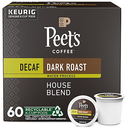 60-Count Peet's Coffee Decaf House Blend Coffee K-Cup Pods (Dark Roast) $25.25 w/ Subscribe & Save