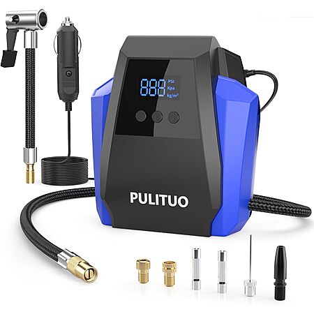 Lightning Deal: Pulituo 150 PSI 12V Portable Tire Inflator / Air Compressor (Blue) $10.85, (Red or Yelow) $11.51 + Free Shipping w/ Prime or on $35+