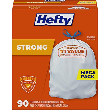 90-Count 13-Gallon Hefty Strong Tall Kitchen Trash Bags (Unscented) $9.74, 74-Count 30-Gallon Hefty Strong Large Trash Bags $13.73 w/ S&S + FS w/ Prime or on $35+