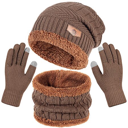 Teqihat Men's & Women's 3-in-1 Winter Beanie Hat, Neck Warmer & Gloves Set $6 