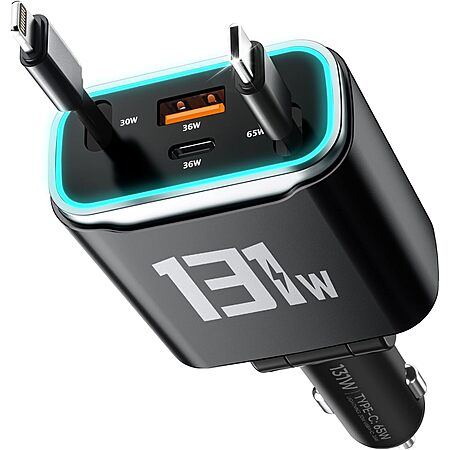 TOENNESEN 4-in-1 up to 131W Retractable USB-C + Lightning Car Charger w/ LED Light (Black) $12.49, (Grey) $12.99 + Free Shipping w/ Prime or on $35+