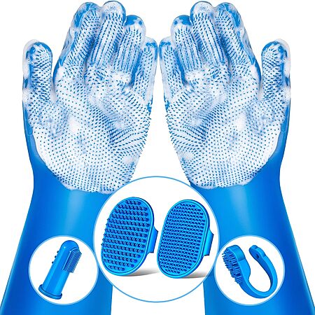 6-Pc Augwind Pet Grooming Kit w/ Gloves, Bath Brushes & Finger Toothbrushes $5