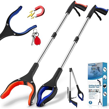 2-Pk 32" TopGrot Foldable Grabber Reacher Tool w/ 90° Rotating Jaw & Magnets $12.10