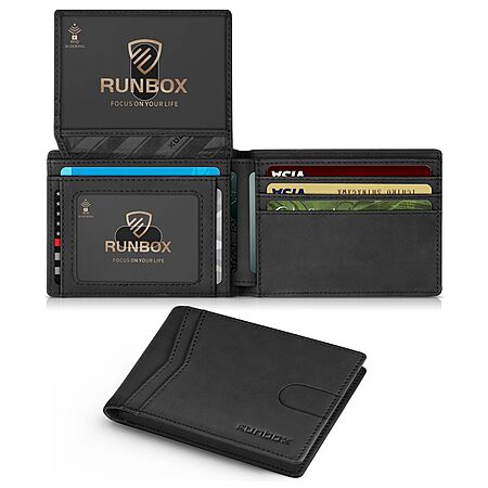RUNBOX Men's Slim RFID Leather Wallet w/ 2 ID Windows (Crazy Horse Black) $6