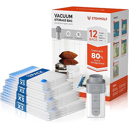 12-Pk ETENWOLF Vacuum Storage Bags w/ USB-C Rechargeable Air Pump $11
