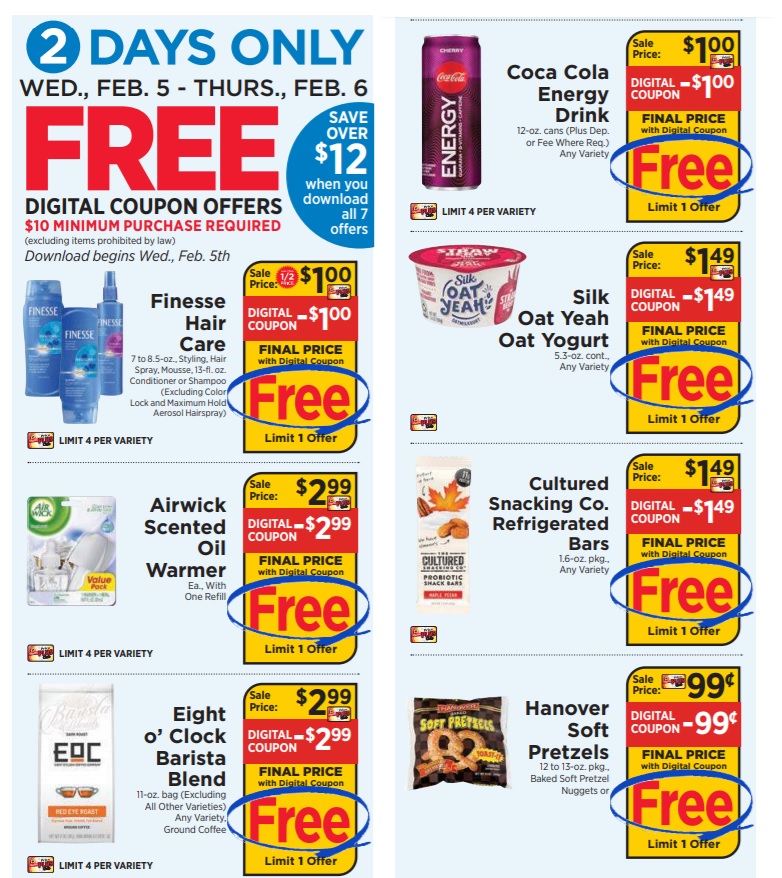 Shoprite: February 5 & 6 only: 7 free items with $10 purchase using digital coupons: YMMV