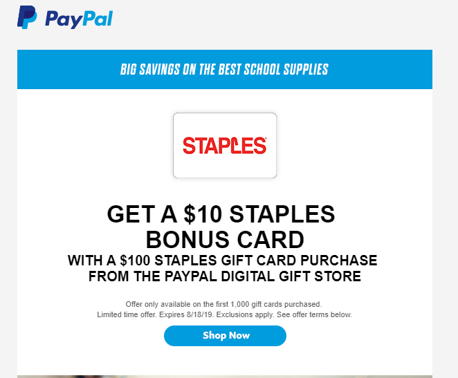 GET A $10 STAPLES  BONUS CARD With 100$ GC Purchase
