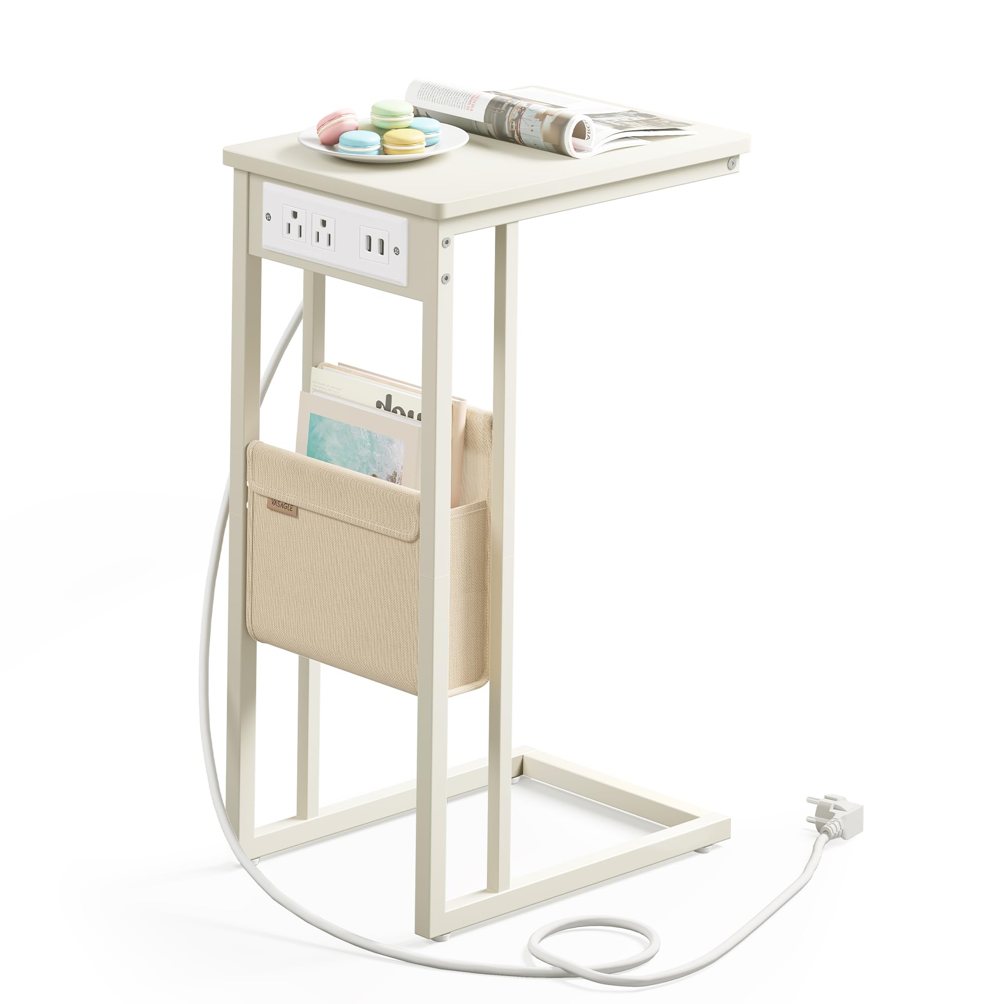 [Prime] VASAGLE C-Shaped Side End Table w/ Charging Station, 2 USB Ports + Outlets (Cream White) $29.99 + Free S/H