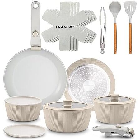 18-Piece NutriChef Ceramic Nonstick Cookware Set w/ Detachable Handles (Cream) $55.07 + Free Shipping