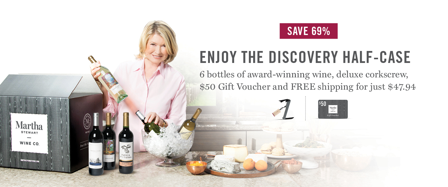 6 bottles of wine, deluxe corkscrew, and $50 gift voucher from Martha Stewart Wine with Amex Offer ($40 off of $50) for $10 YMMV