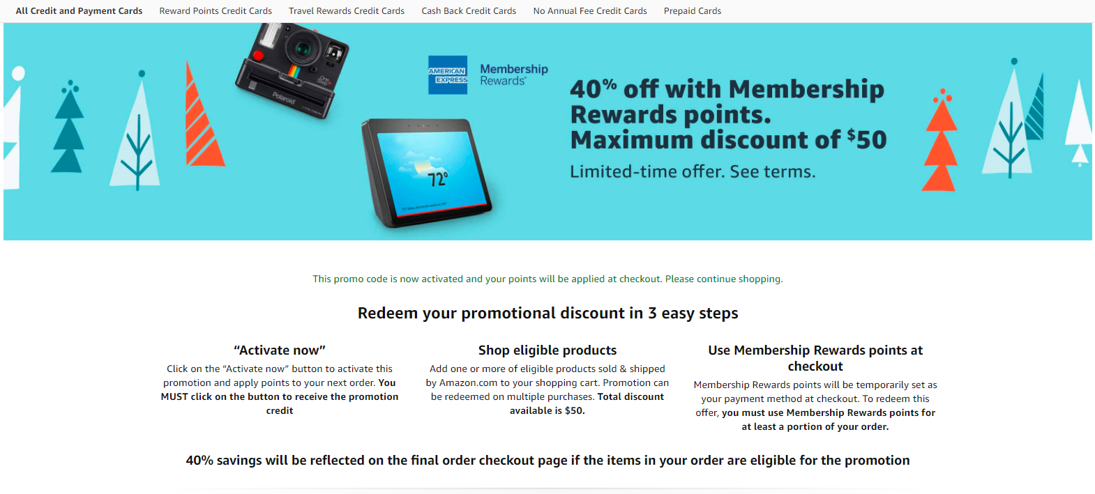 (YMMY) Amex Membership Reward 40% off Purchase on Items Sold by Amazon with Membership Rewards Points - Max Discount of $50
