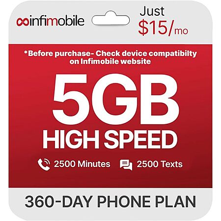 $60: 5GB 12-Months Infimobile Prepaid Plan (Verizon or T-Mobile, 2500 Minutes + 2500 Text) at Amazon