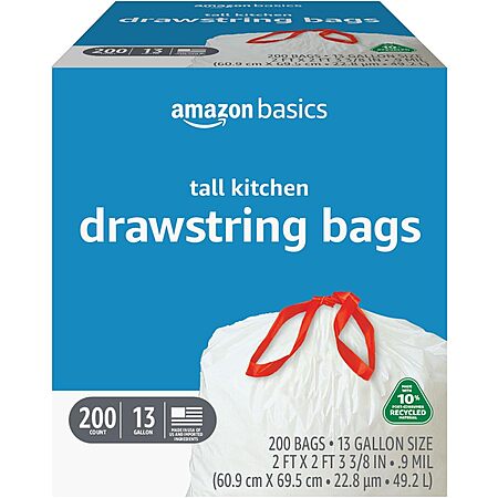 200-Ct 13-Gal Amazon Basics Tall Kitchen Drawstring Trash Bags (Unscented) $12.65 w/ Subscribe & Save