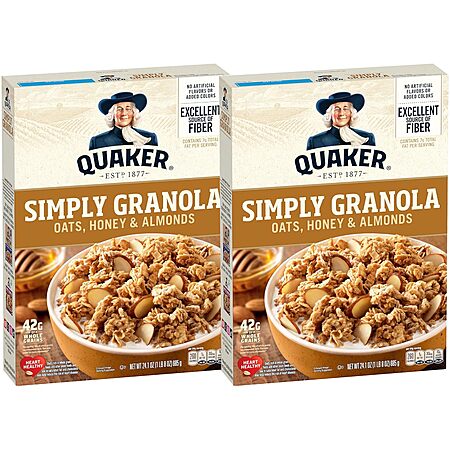 [S&S] $5.39*: 2-Pack 24.1-Oz Quaker Simply Granola (Honey & Almond) at Amazon