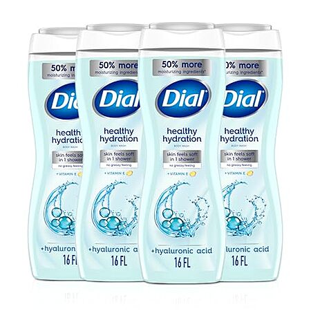 [S&S] $15.15 | 4-Pack 16-Oz Dial Healthy Hydration Body Wash, Hyaluronic Acid + Vitamin E at Amazon ($3.79 each)
