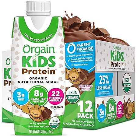 [S&S, AC] $9.55 | 12-Pack 8.25-Oz Orgain Organic Kids Nutritional Protein Shake (Chocolate) at Amazon (79.6￠ each)