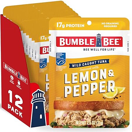 [S&S, AC] $6.24* | 12-Pack 2.5-Oz Bumble Bee Wild Caught Tuna Pouch (Lemon & Pepper) at Amazon (52￠ each)