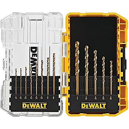 $9.99 | 13-Piece DEWALT Split-Point Twist Drill-Bit Assortment, Titanium Nitride Coated (DW1363) at Amazon
