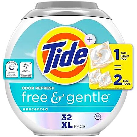 [S&S, AC] $27.24 | 4 × 32-Count Tide PODS Free and Gentle Odor Refresh Laundry Detergent Pacs (Unscented) ($6.81 each) at Amazon