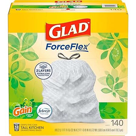 [S&S, AC] $12.88 | 140-Count 13-Gallon Glad ForceFlex Tall Kitchen Trash Bags (Gain) at Amazon (9.2￠ each)