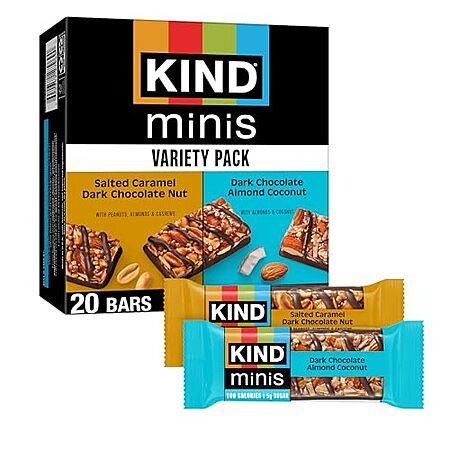 [AC] $5.19 | 20-Pack 0.7-Oz KIND Minis Bars (Salted Caramel Dark Chocolate Nut/ Dark Chocolate Almond Coconut) at Amazon