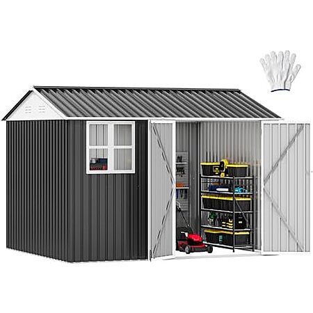 $359.98* | DWVO 10x8ft Steel Outdoor Storage Shed with Window, Lockable Doors & Sloped Roof, Garden/Patio/Backyard at Amazon