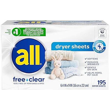[SnS, AC] $38.12 | 8 × 195-Count all Fabric Softener Dryer Sheets for Sensitive Skin ($4.76 each) at Amazon