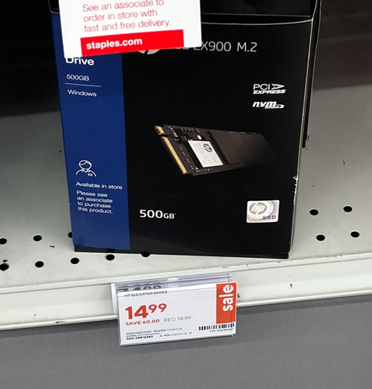 HP EX900 500GB NVME Gen 3 SSD for 14.99 at Staples in store only YMMV