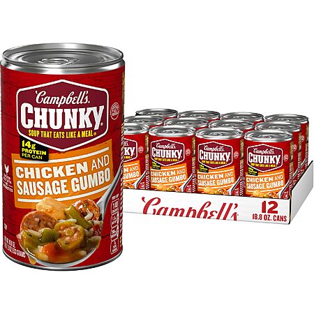 12-Pack 18.8oz Campbell’s Chunky Soup Chicken and Sausage Gumbo $13.32 AC w/ Subscribe & Save, $11.55 w/ 5 S&S