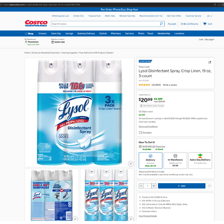 [Costco Members] - In Store Only: Lysol Disinfectant Spray, Crisp Linen, 19 oz, 3-count [YMMV]