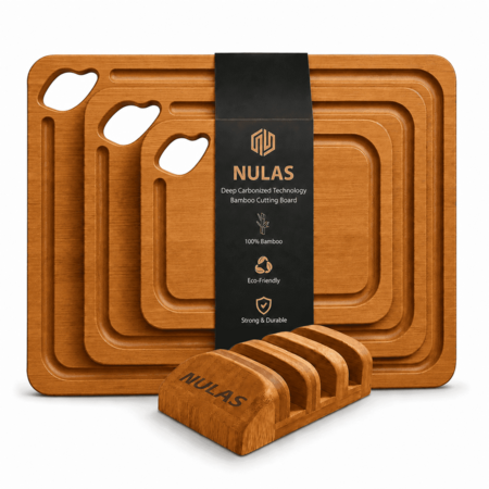 4-Pc NULAS Bamboo Wood Cutting Board Set w/ Holder $20