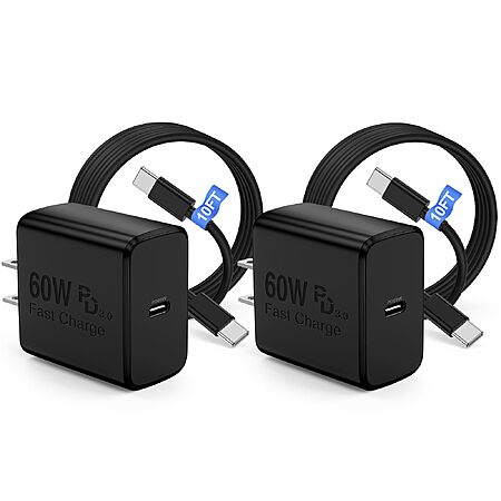 2-pk COONCXEN 60W USB C Charger Block w/ 10' Cable (black) $13.50
