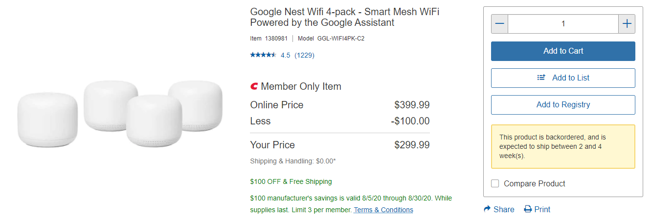 Costco Members Only - Google Nest Wifi 4-pack AC2200 - Smart Mesh WiFi Router with Three Add-on Points - In Store and Online - $299