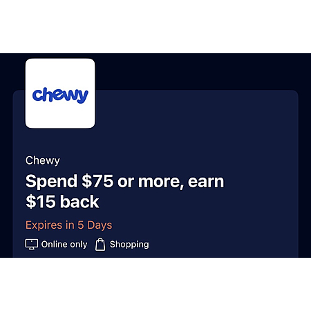 Amex benefit: Chewy $15 off $75